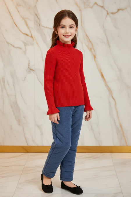 سويتر أحمر مبطن مع بنطال جينز - أمامي