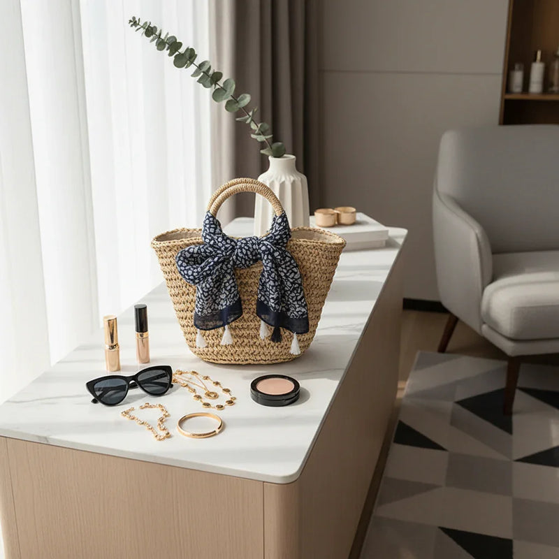 وشاح على حقيبة قش