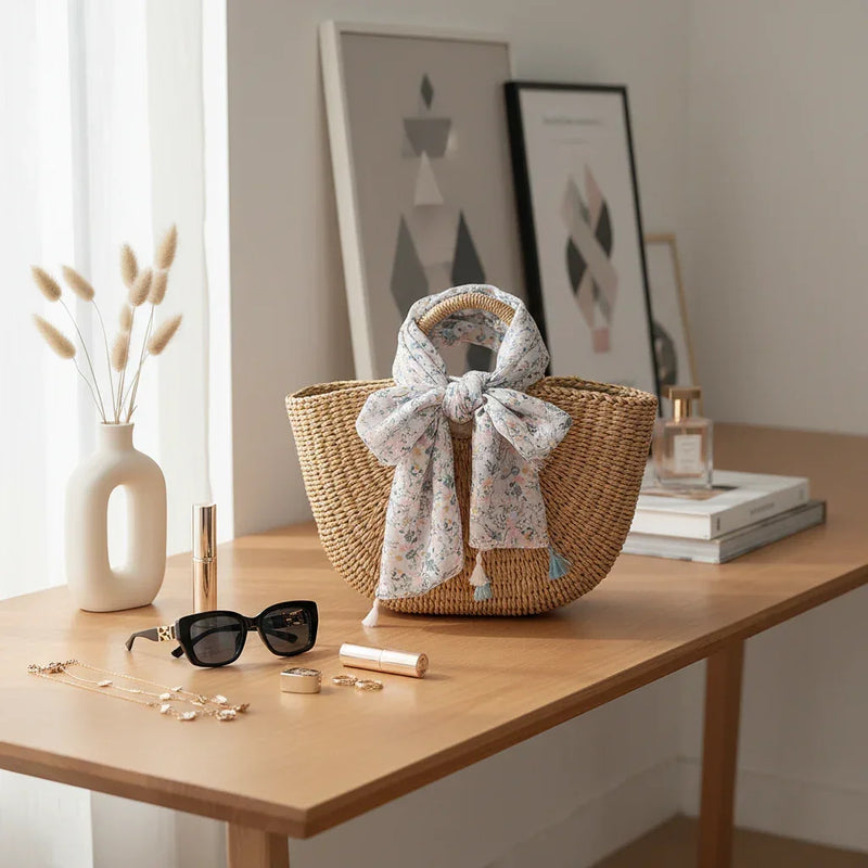 وشاح على حقيبة قش