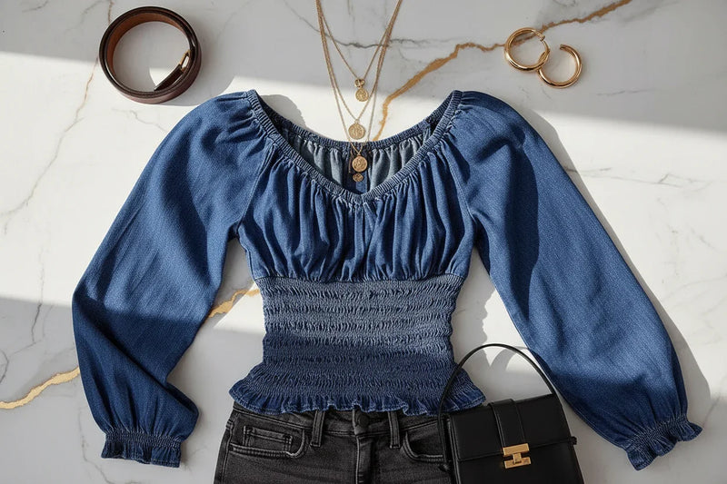 توب جينز أزرق مع إكسسوارات ذهبية