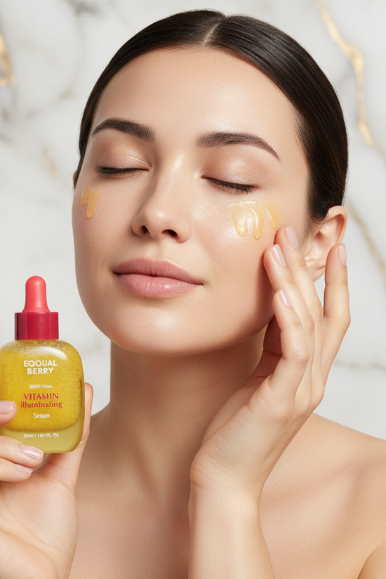 امرأة تدلك السيروم على بشرتها - خلفية رخامية