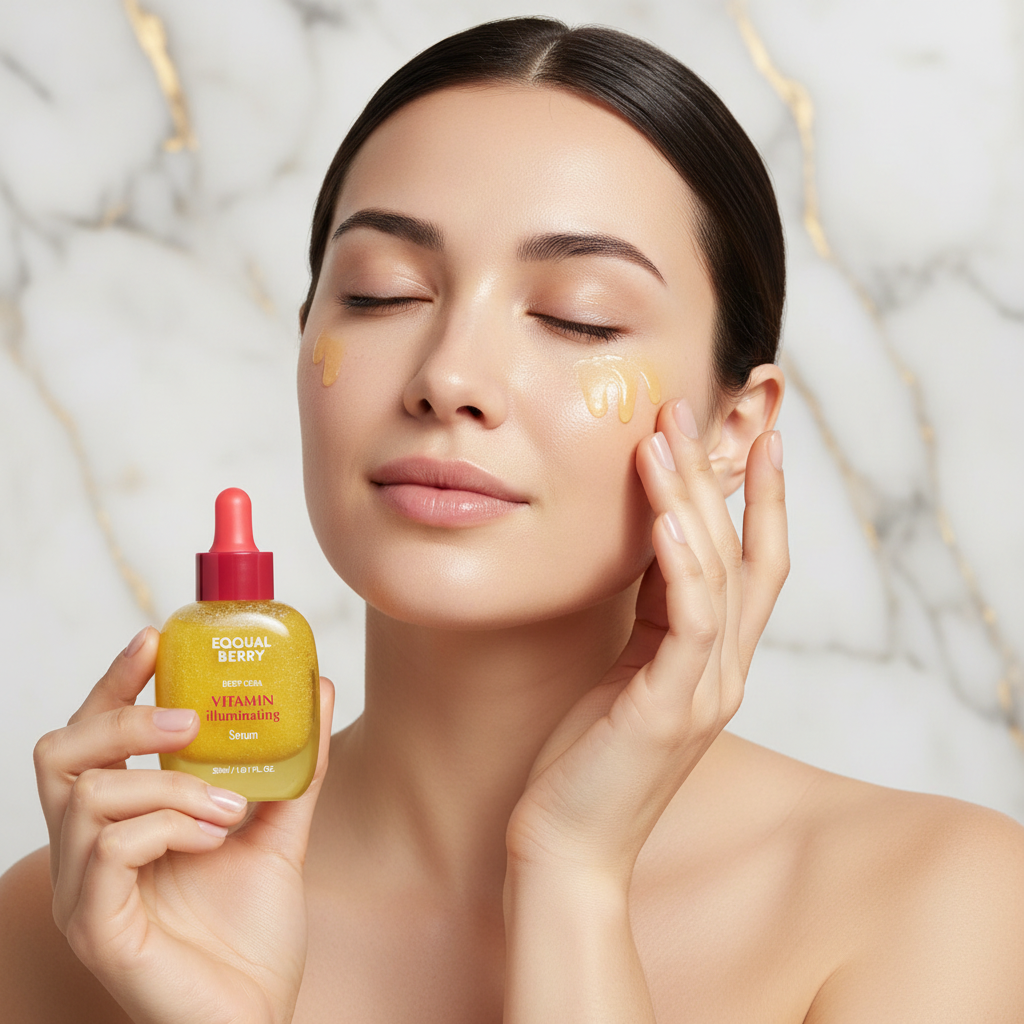 امرأة تدلك السيروم على بشرتها - خلفية رخامية