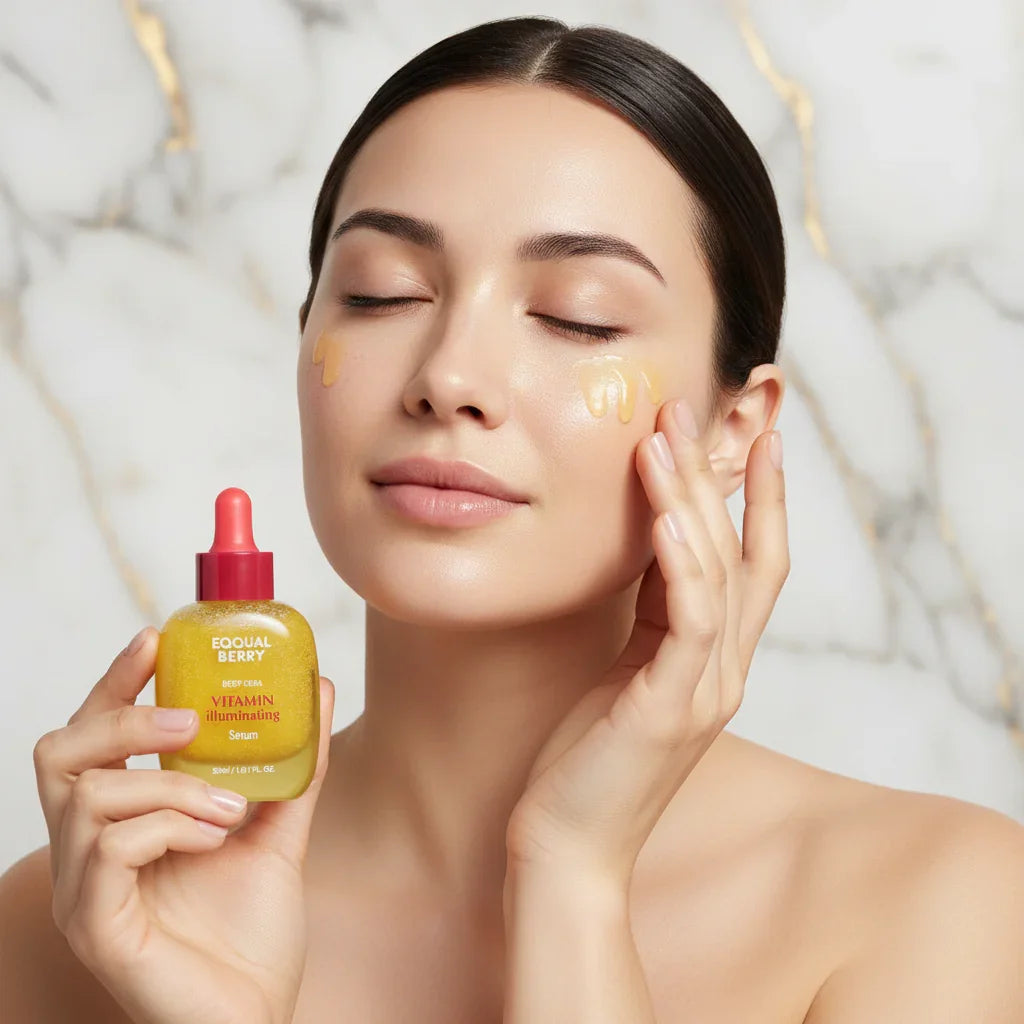 امرأة تدلك السيروم على بشرتها - خلفية رخامية