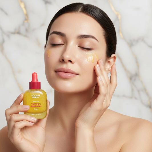 امرأة تدلك السيروم على بشرتها - خلفية رخامية