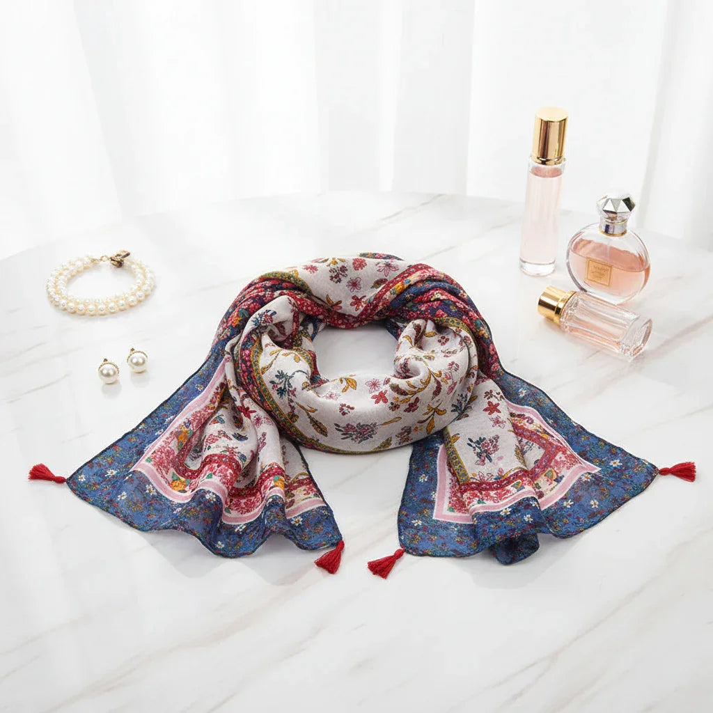 الشال مطوي بأناقة مع إكسسوارات فاخرة