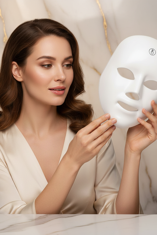 امرأة تمسك القناع بالقرب من وجهها