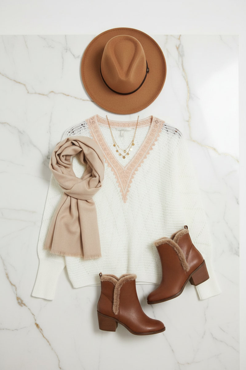 السويتر الأبيض مع إكسسوارات بنية - منظر علوي