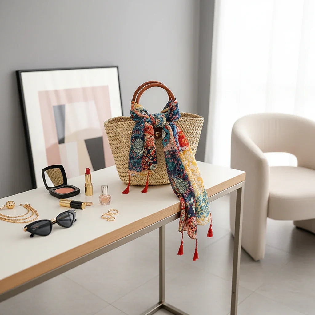 وشاح على حقيبة قش