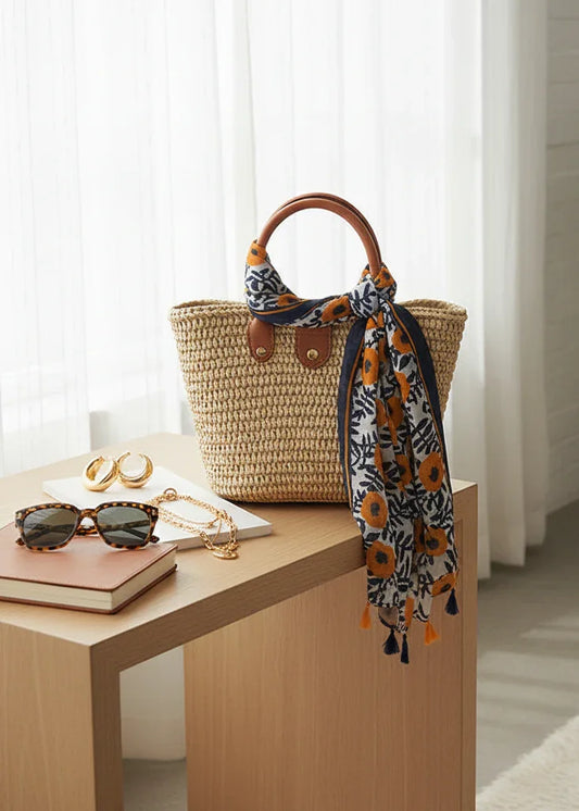 الشال مربوط بأناقة على حقيبة القش