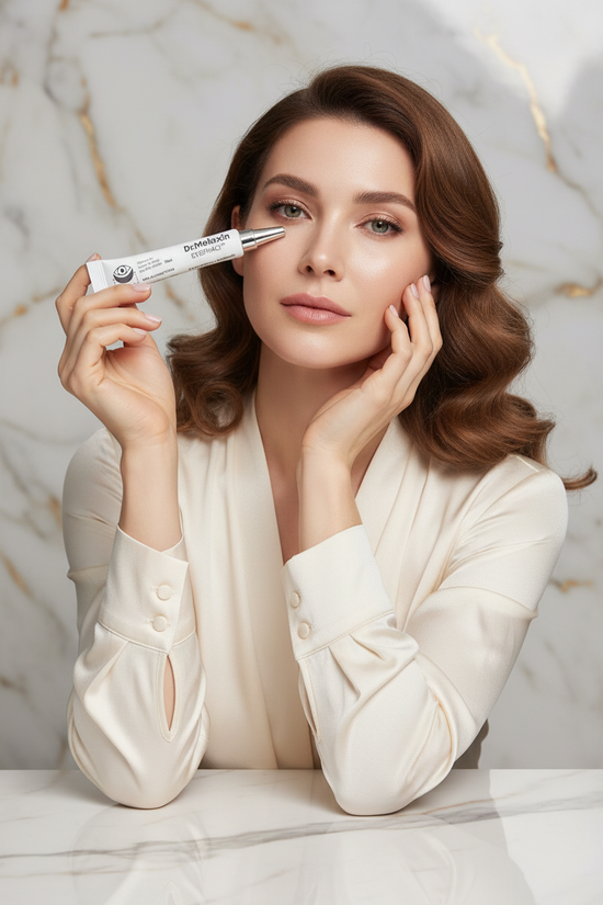 امرأة تمسك المنتج بالقرب من وجهها