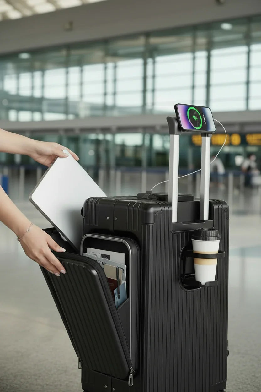 امرأة تخرج لابتوب من الحقيبة السوداء