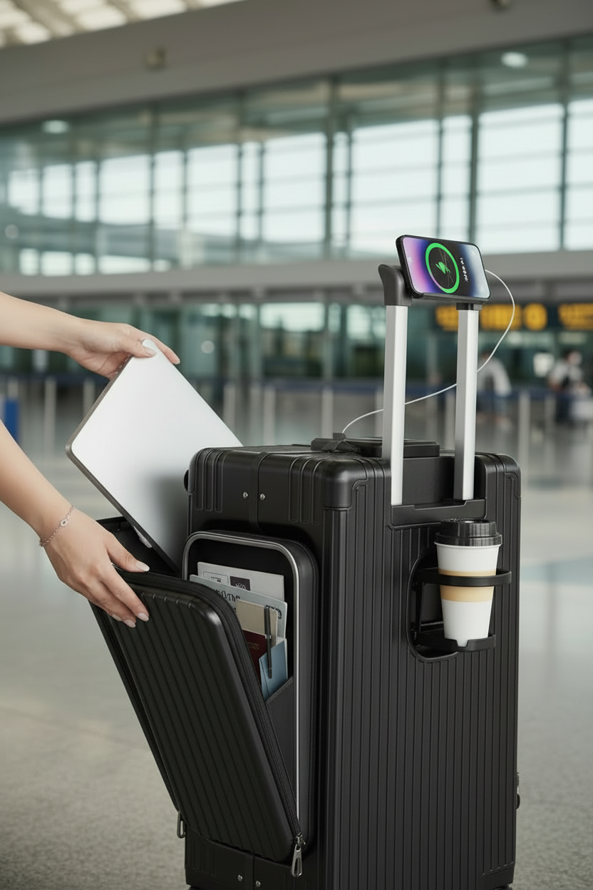 امرأة تخرج لابتوب من الحقيبة السوداء