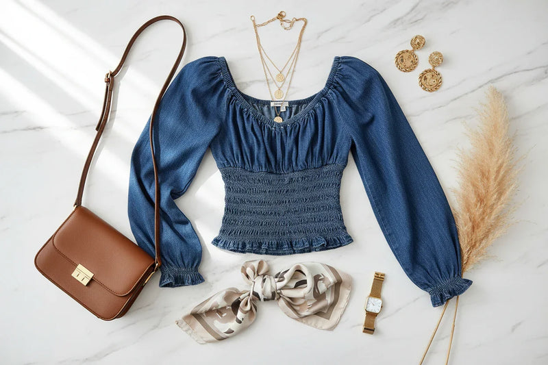 توب جينز مع حقيبة وإكسسوارات فاخرة