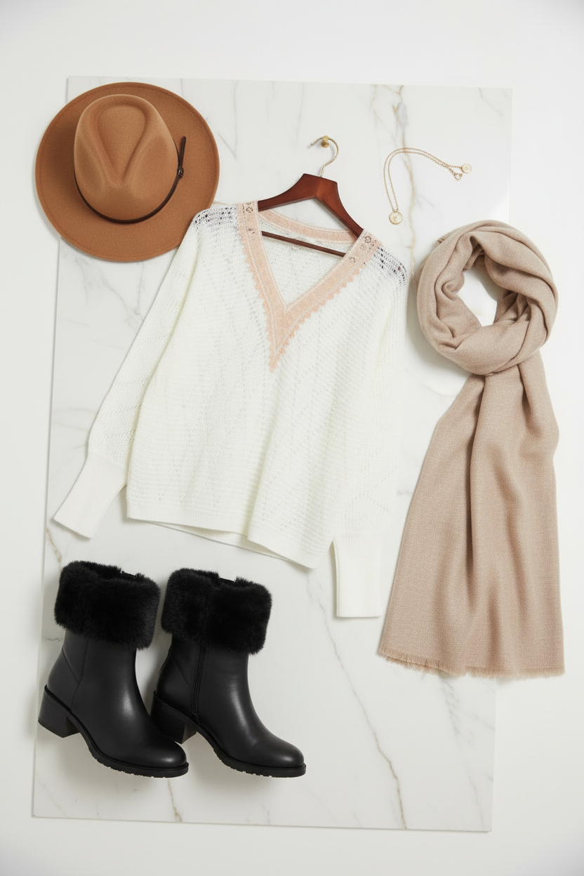 السويتر الأبيض مع الإكسسوارات - زاوية مائلة