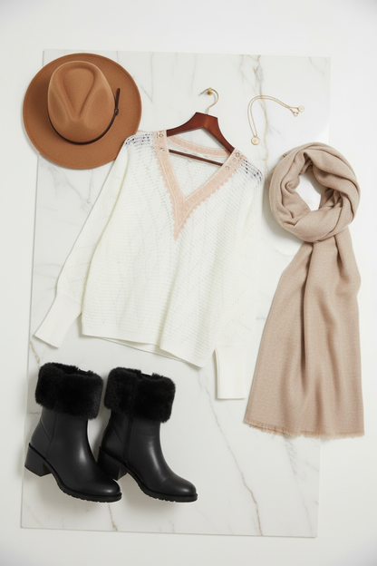 السويتر الأبيض مع الإكسسوارات - زاوية مائلة