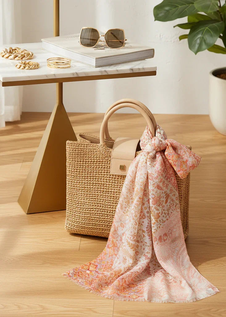 الشال مربوط بأناقة على حقيبة القش