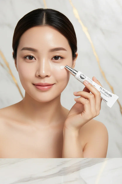 امرأة تضع الكريم على منطقة تحت العين