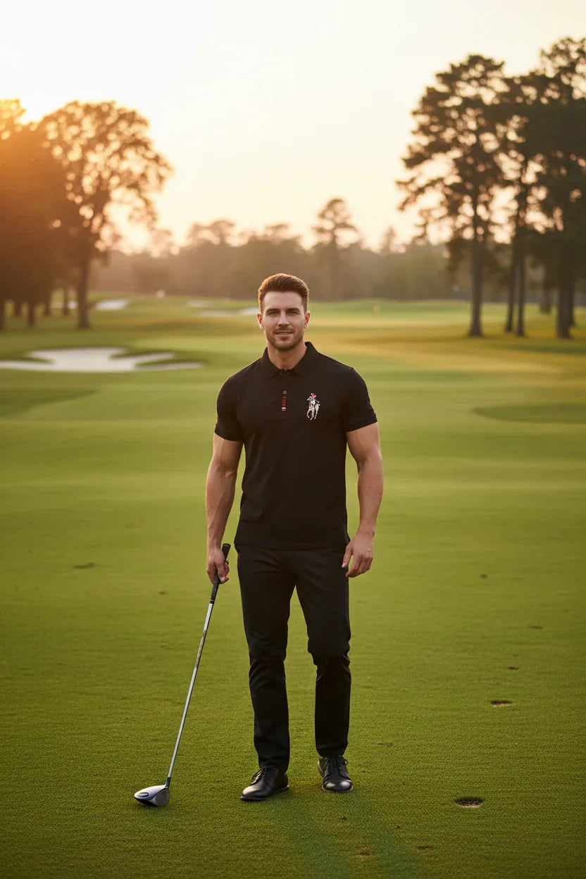 رجل رياضي يرتدي القميص الأسود في ملعب الجولف - لقطة كاملة