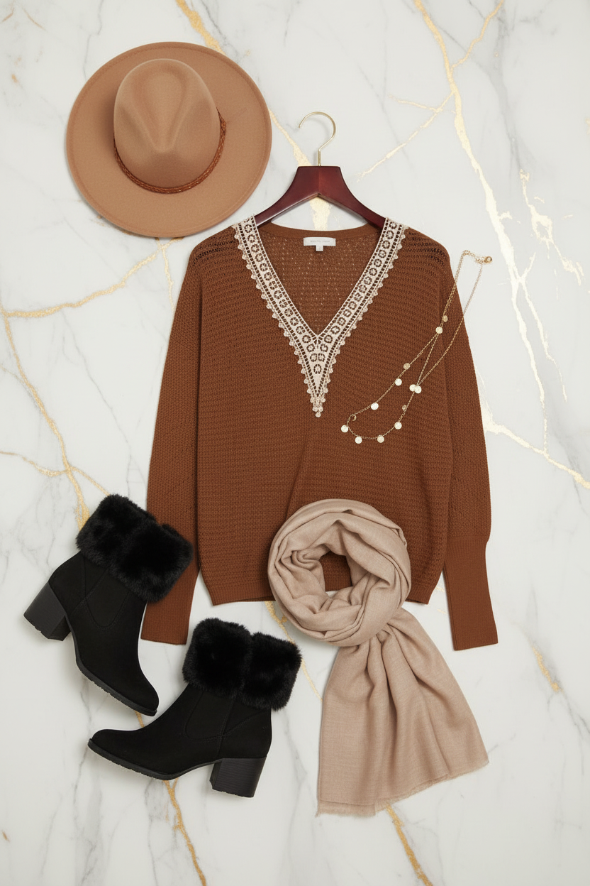 السويتر البني مع الإكسسوارات - منظر علوي