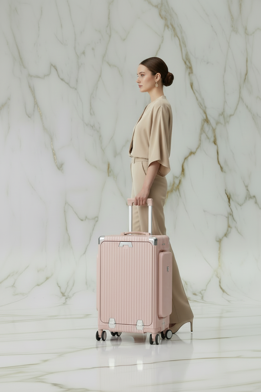 امرأة بزي بيج مع الحقيبة الوردية