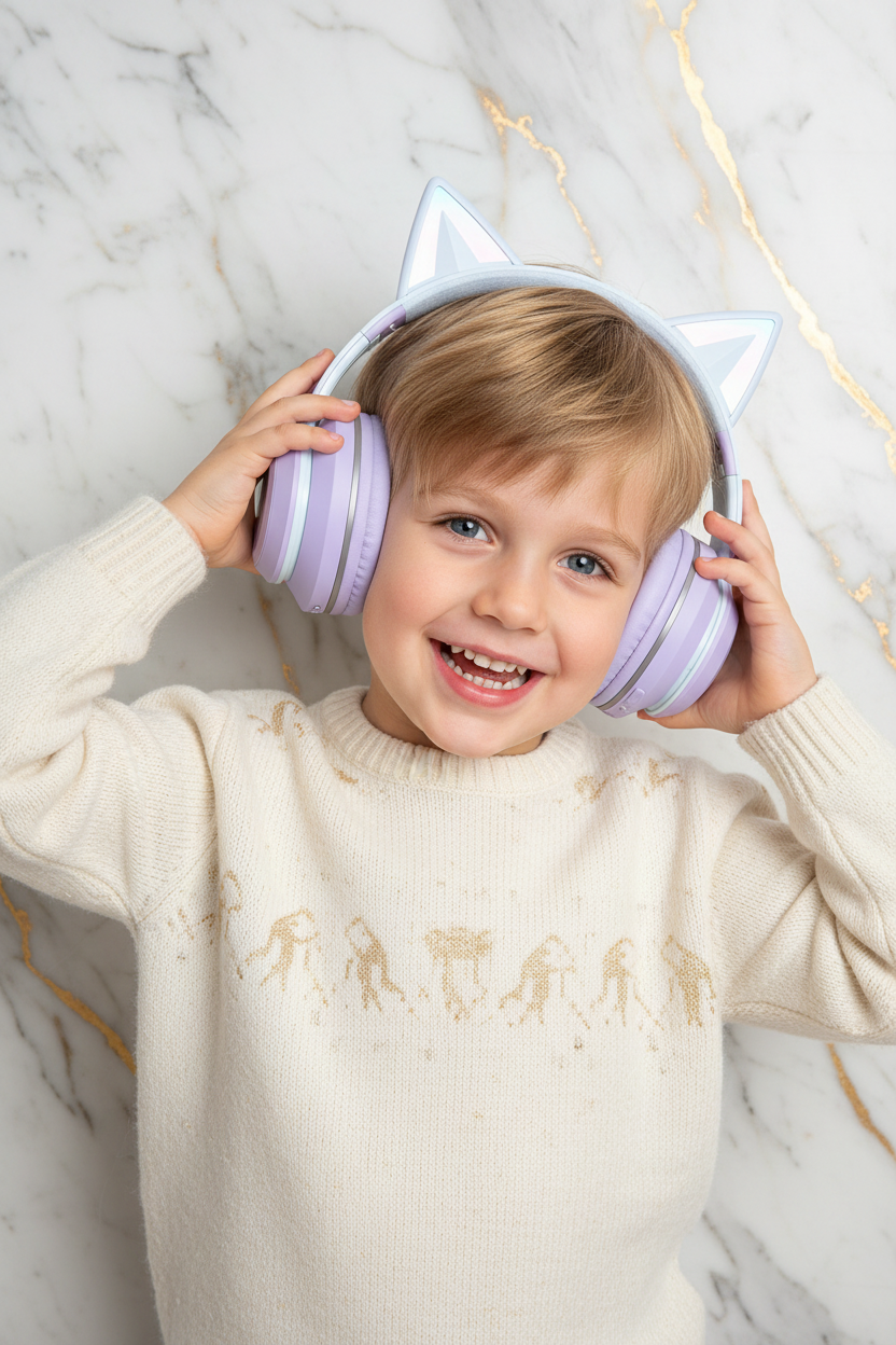 طفل يرتدي السماعة البنفسجية