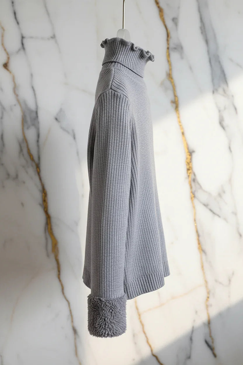 سويتر رمادي مبطن بفرو رمادي - منظر جانبي