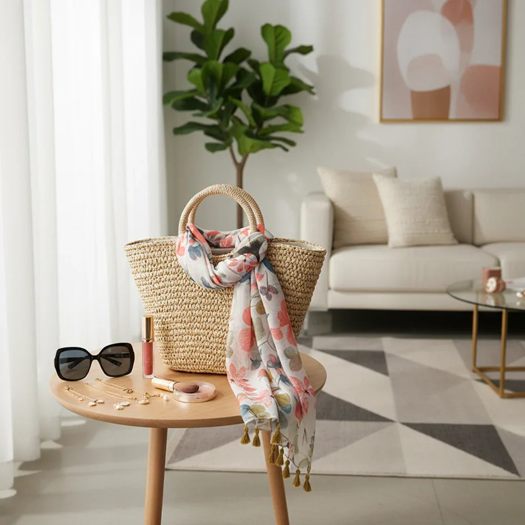 وشاح على حقيبة قش