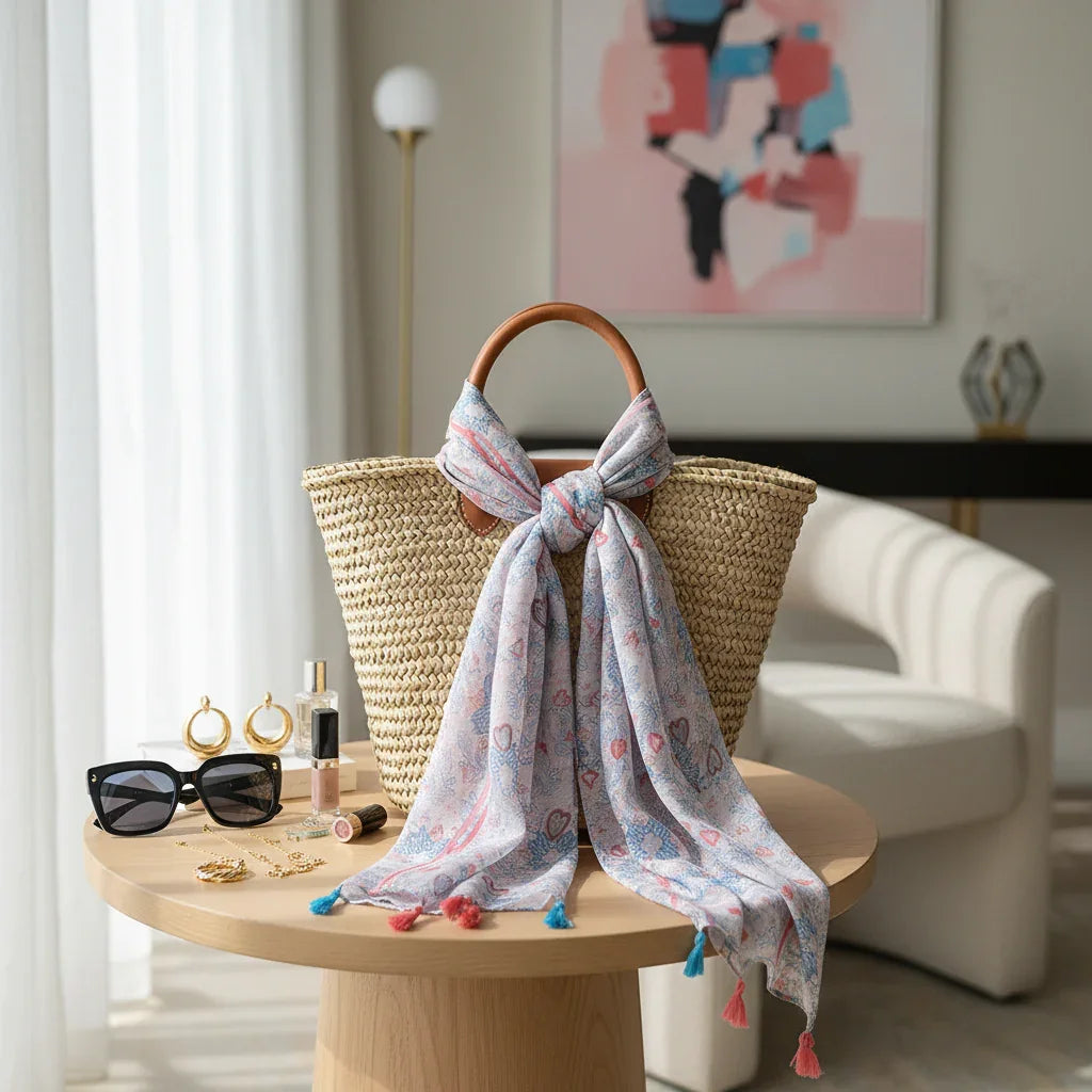 وشاح على حقيبة قش