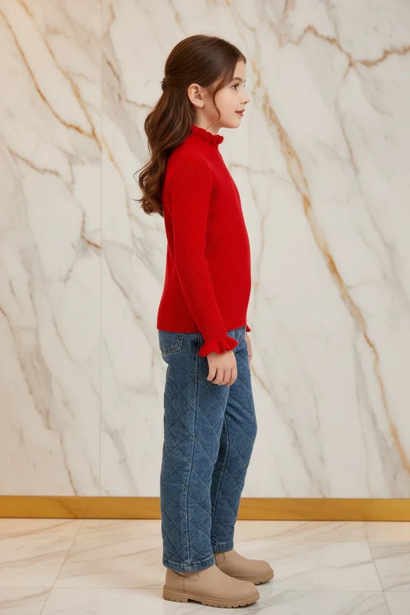 سويتر أحمر مبطن مع بنطال جينز - جانبي أيمن