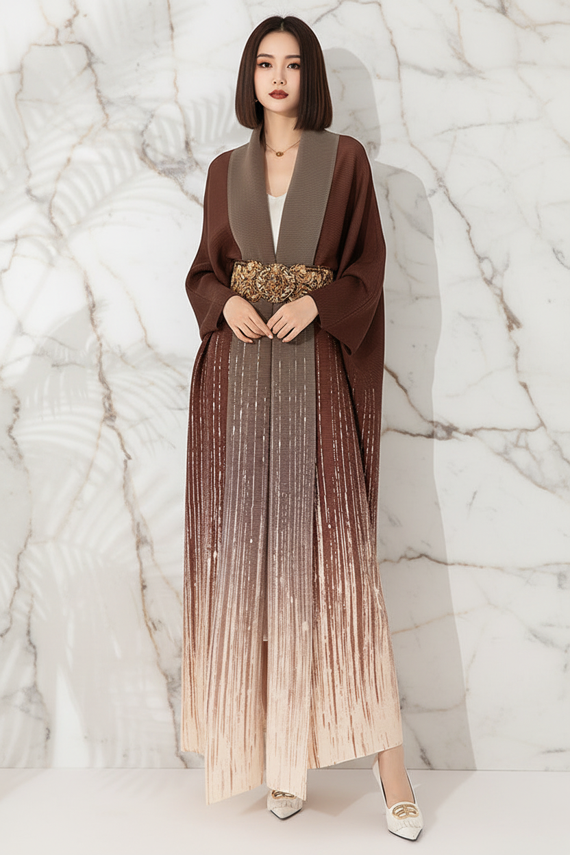 امرأة كورية ترتدي الكوت البني - منظر أمامي