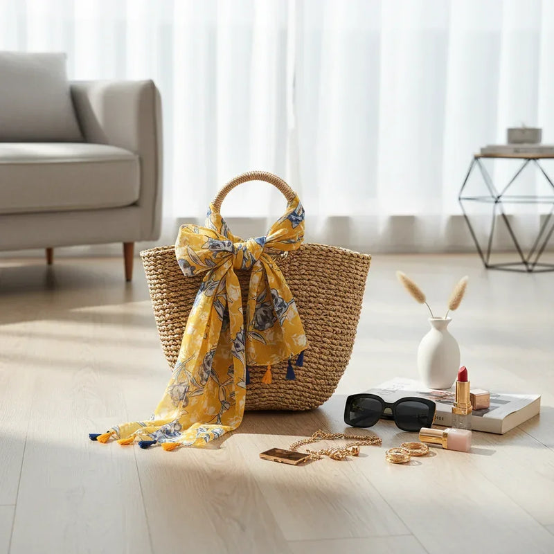 وشاح على حقيبة قش