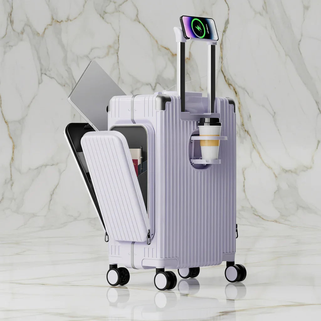 الحقيبة البنفسجية الفاتحة على خلفية رخامية