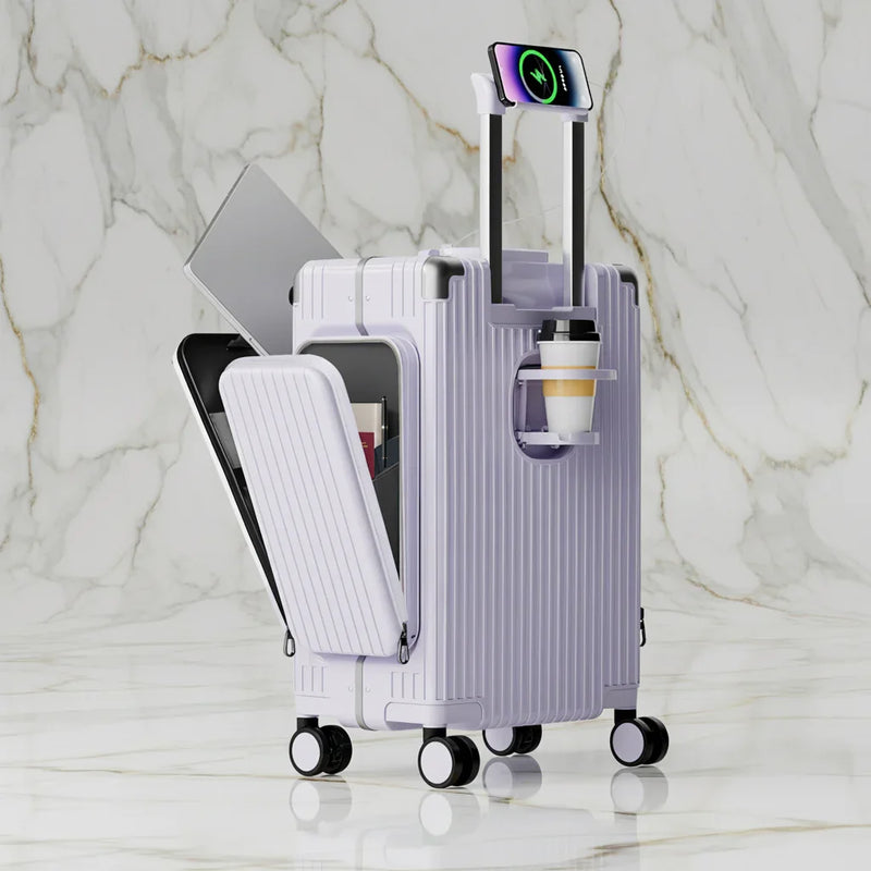 الحقيبة البنفسجية الفاتحة على خلفية رخامية