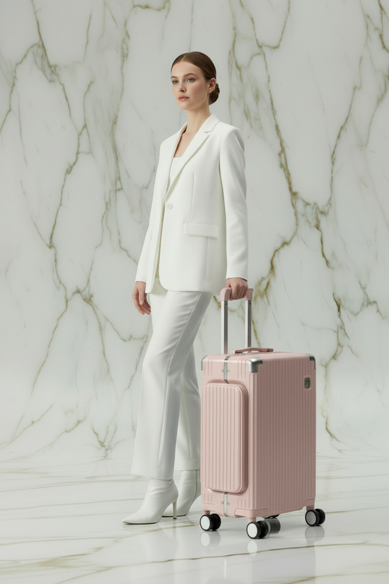 امرأة بزي أبيض مع الحقيبة الوردية