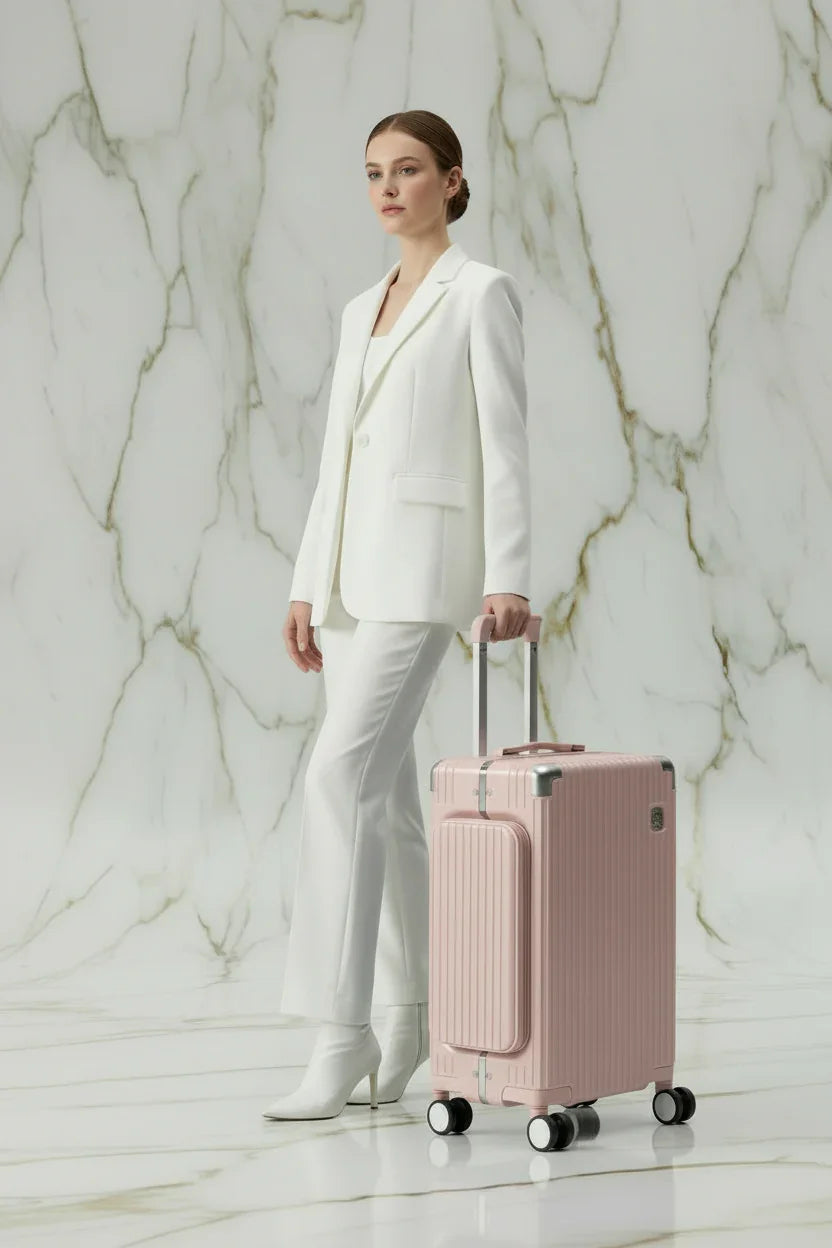 امرأة بزي أبيض مع الحقيبة الوردية