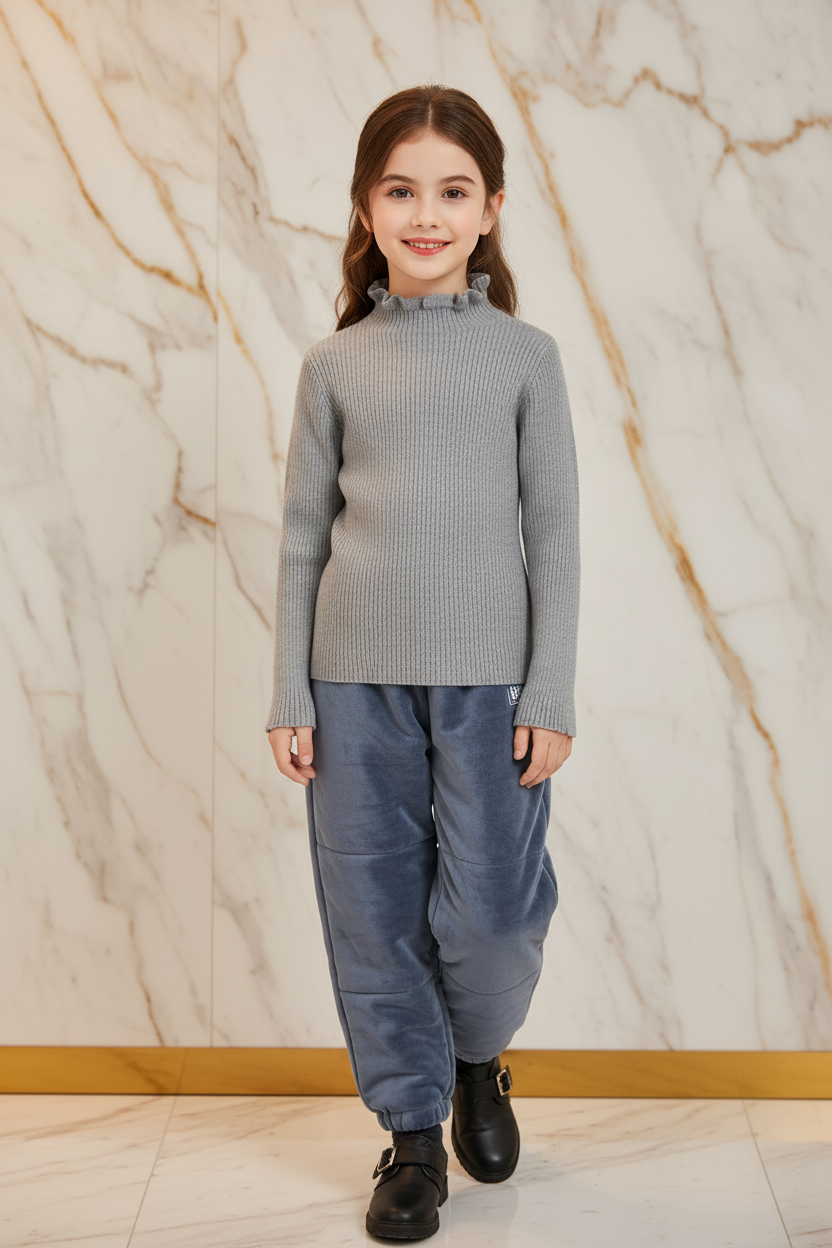 سويتر رمادي مبطن مع بنطال جينز - أمامي