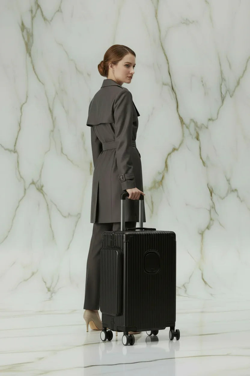 امرأة بمعطف رمادي مع الحقيبة السوداء