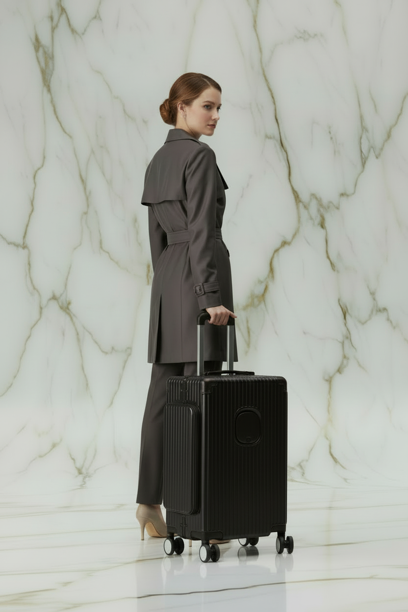 امرأة بمعطف رمادي مع الحقيبة السوداء