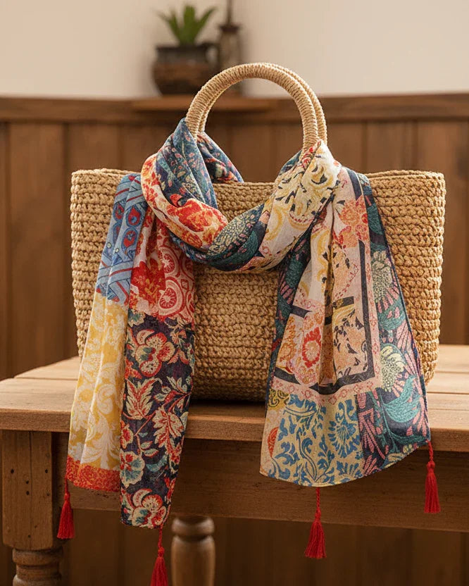 الوشاح على حقيبة قش عتيقة