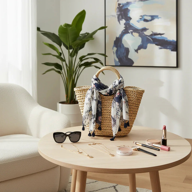 وشاح على حقيبة قش