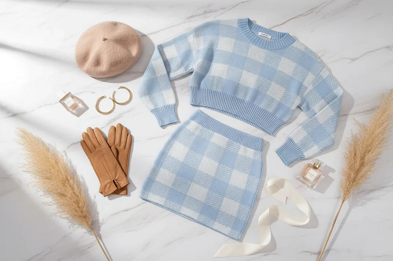 طقم أزرق مع قبعة وقفازات شتوية