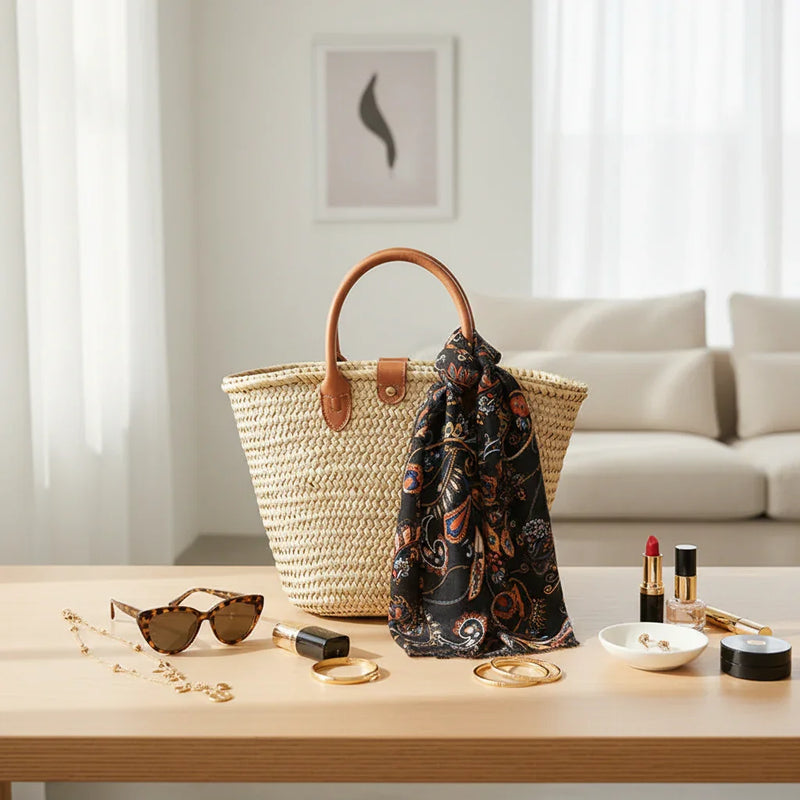 وشاح على حقيبة قش