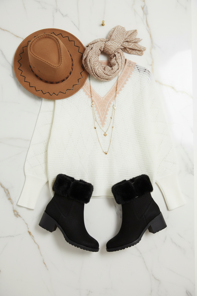 السويتر الأبيض مع الإكسسوارات - تفاصيل