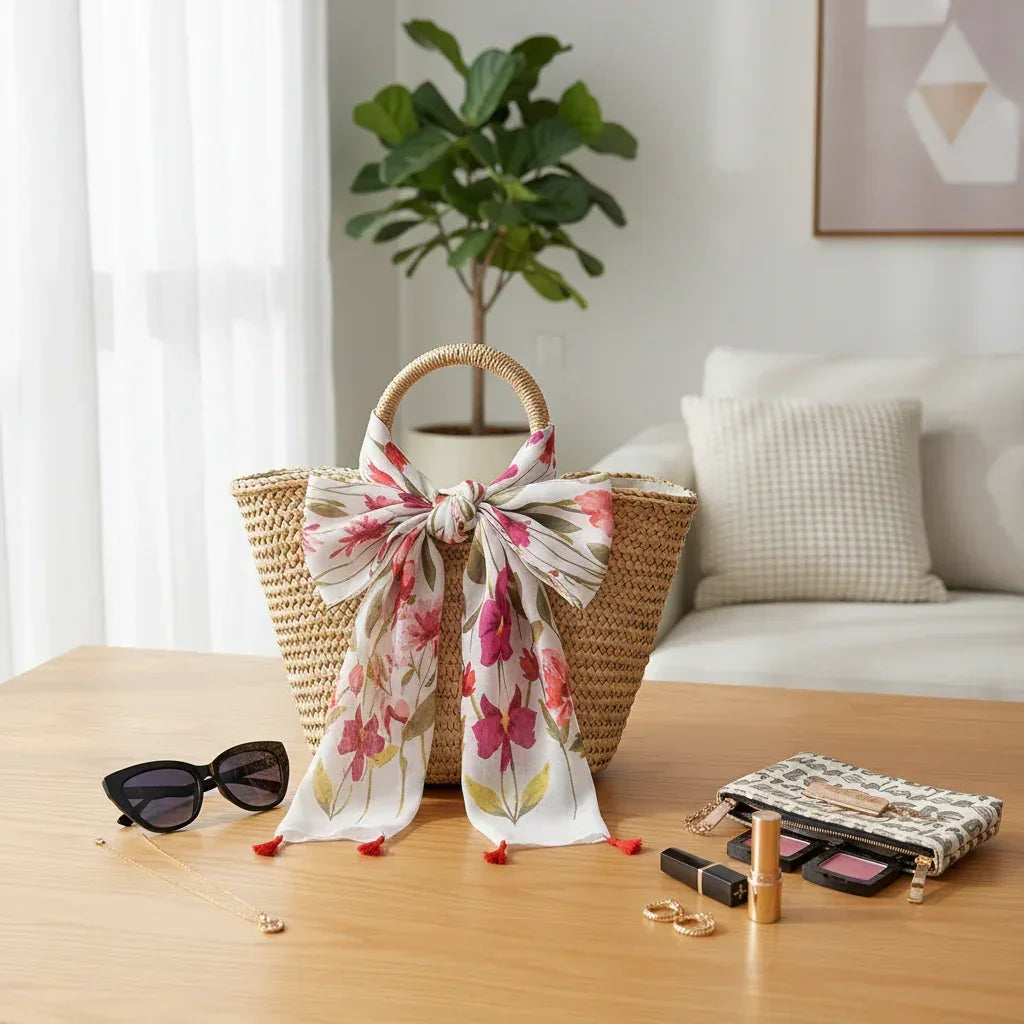 وشاح على حقيبة قش