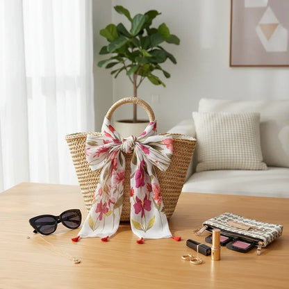 وشاح على حقيبة قش