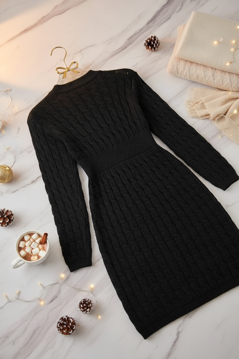 Cable-Knit Openwork Black Sweater Dress