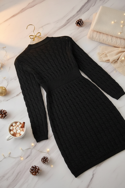 Cable-Knit Openwork Black Sweater Dress