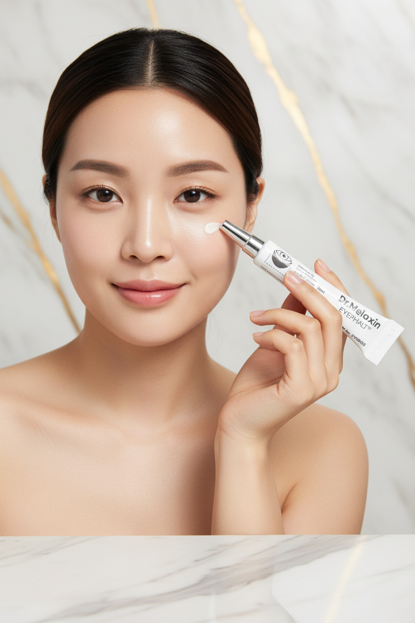 امرأة تضع الكريم على منطقة تحت العين