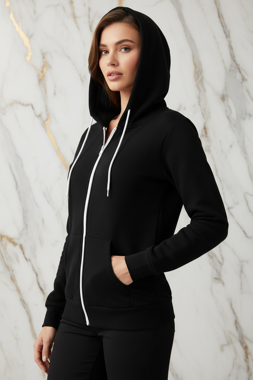 هودي أسود منظر ثلاثي أرباع أمامي