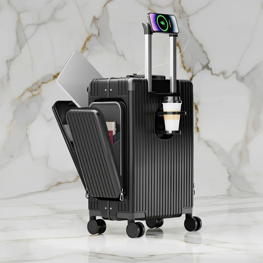 الحقيبة السوداء على خلفية رخامية